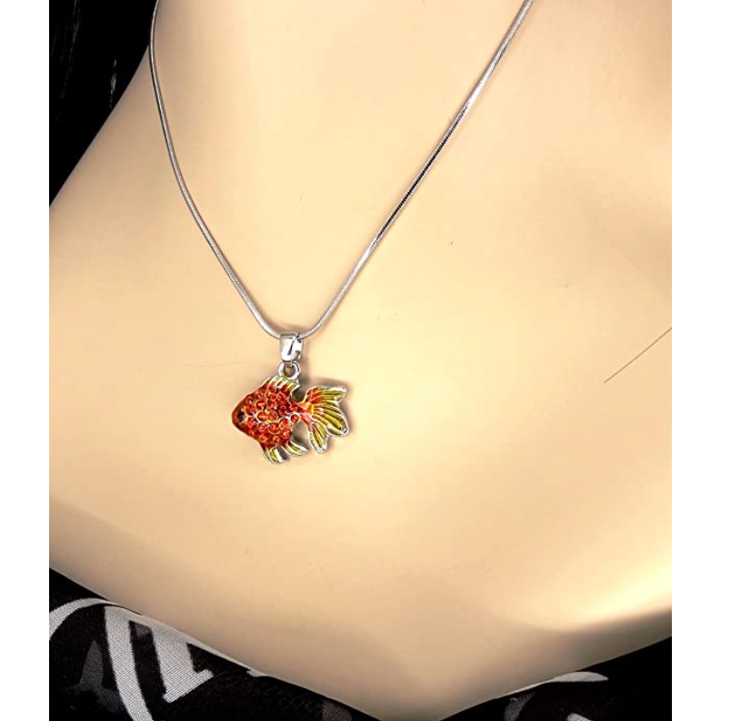 Crystal Diamond Gold Fish Pendant Goldfish Necklace Gold Fish Jewelry Birthday Gift Silver Chain 18in.