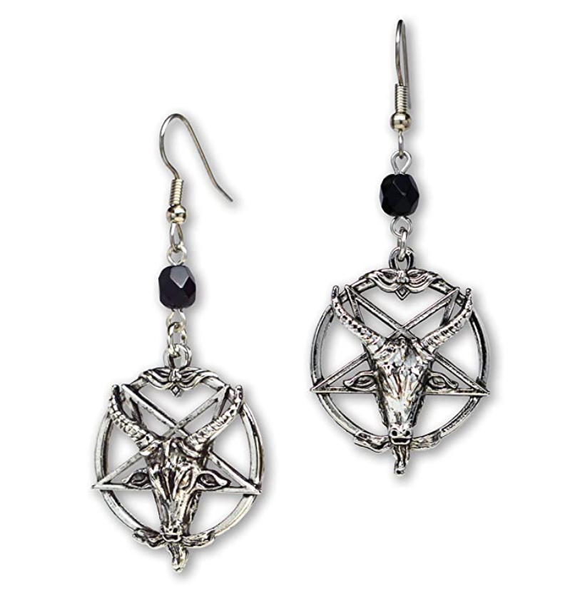 Silver Pentagram Earrings Baphomet Satanic Star Goat Head Inverted Cross Devil Demon Witch Wicca Jewelry Dangle Black Gothic Thelma Punk Rocker Earrings
