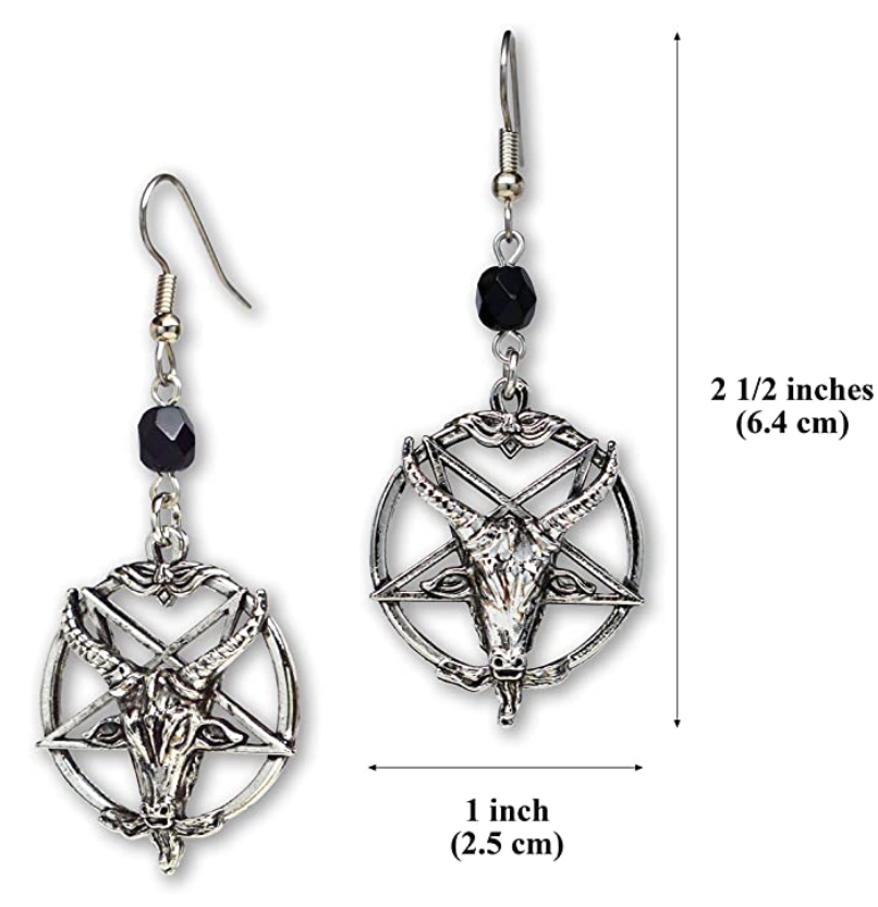 Silver Pentagram Earrings Baphomet Satanic Star Goat Head Inverted Cross Devil Demon Witch Wicca Jewelry Dangle Black Gothic Thelma Punk Rocker Earrings