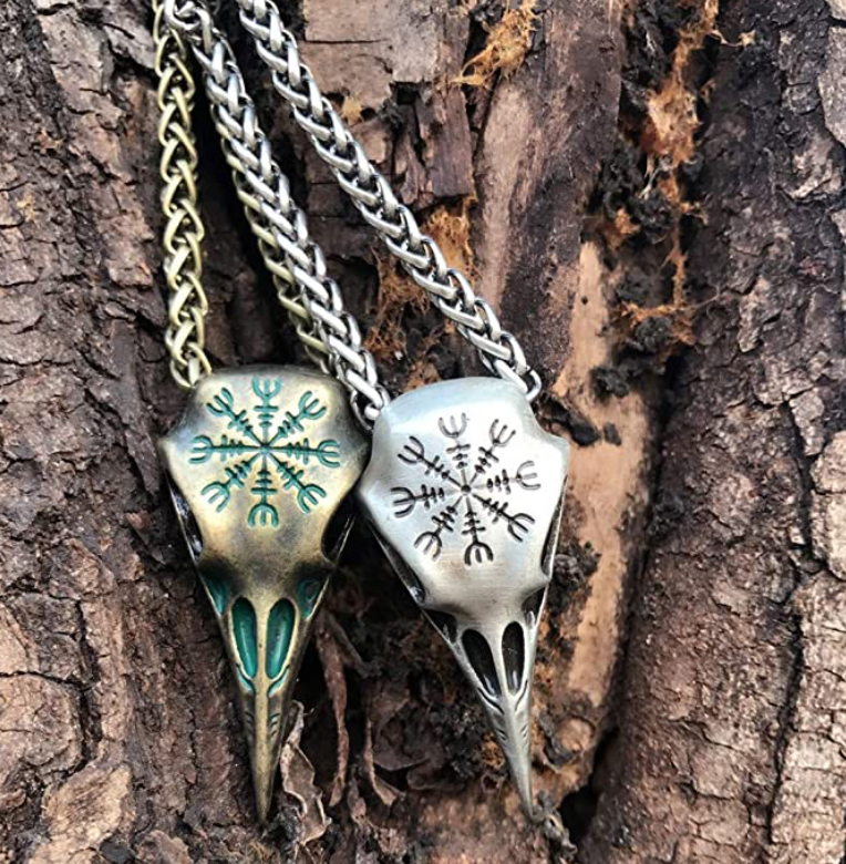Silver Viking Raven Skull Head Necklace Odin's Spear Norse Viking Norse Nordic Rune Pendant Amulet Stainless Steel 20in.
