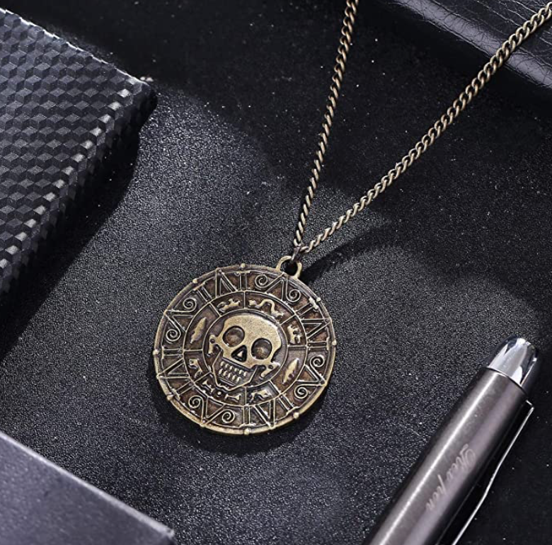 Aztec Coin Medallion VooDoo Skull Head Necklace Viking Norse Nordic Rune Pendant Amulet Chain 24in.