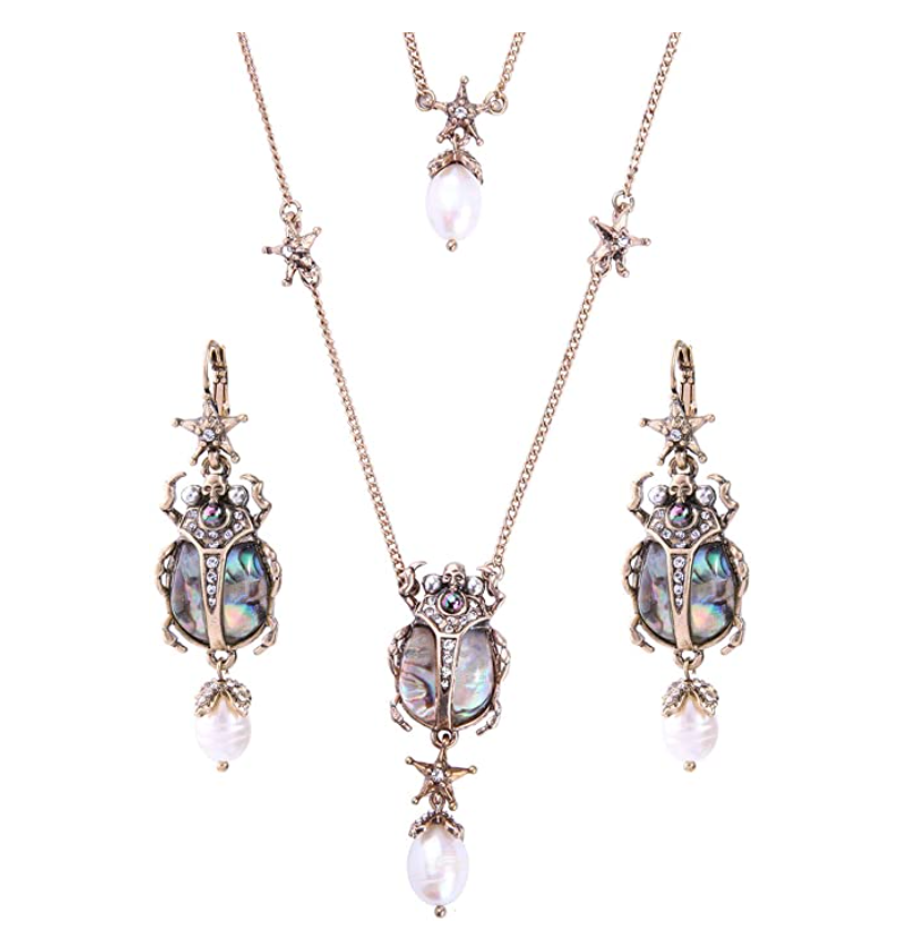 Vintage Beetle Pearl Pendant Abalone Shell Necklace Set Scarab Beetle Earrings Antique Jewelry African Egyptian Chain Birthday Gift