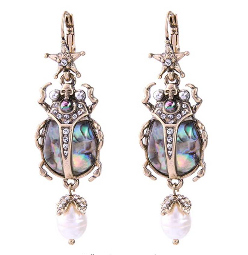 Vintage Beetle Pearl Pendant Abalone Shell Necklace Set Scarab Beetle Earrings Antique Jewelry African Egyptian Chain Birthday Gift