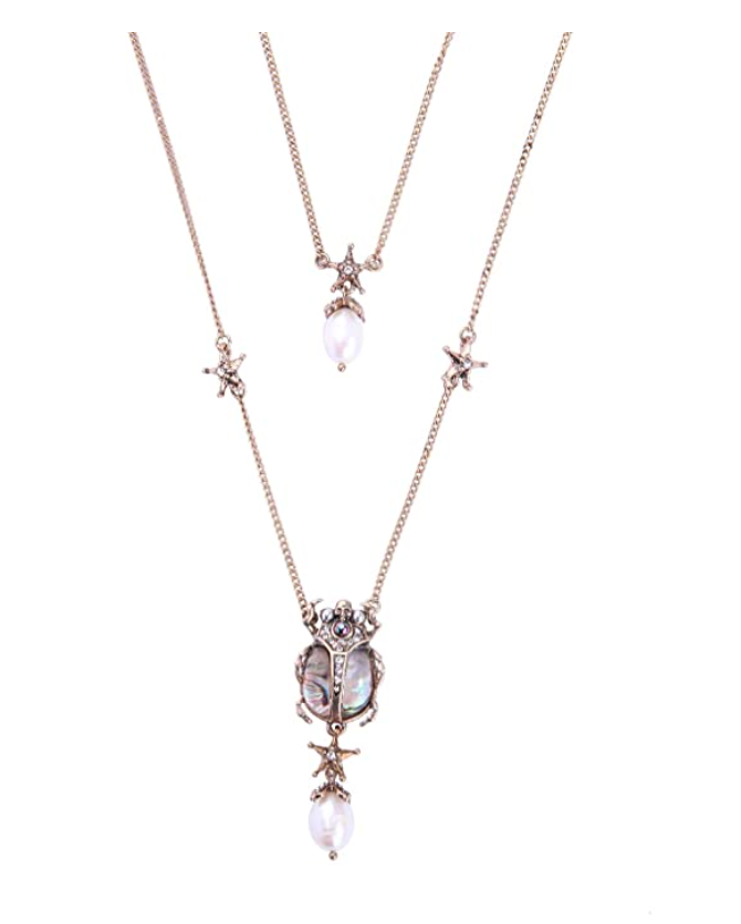 Vintage Beetle Pearl Pendant Abalone Shell Necklace Set Scarab Beetle Earrings Antique Jewelry African Egyptian Chain Birthday Gift