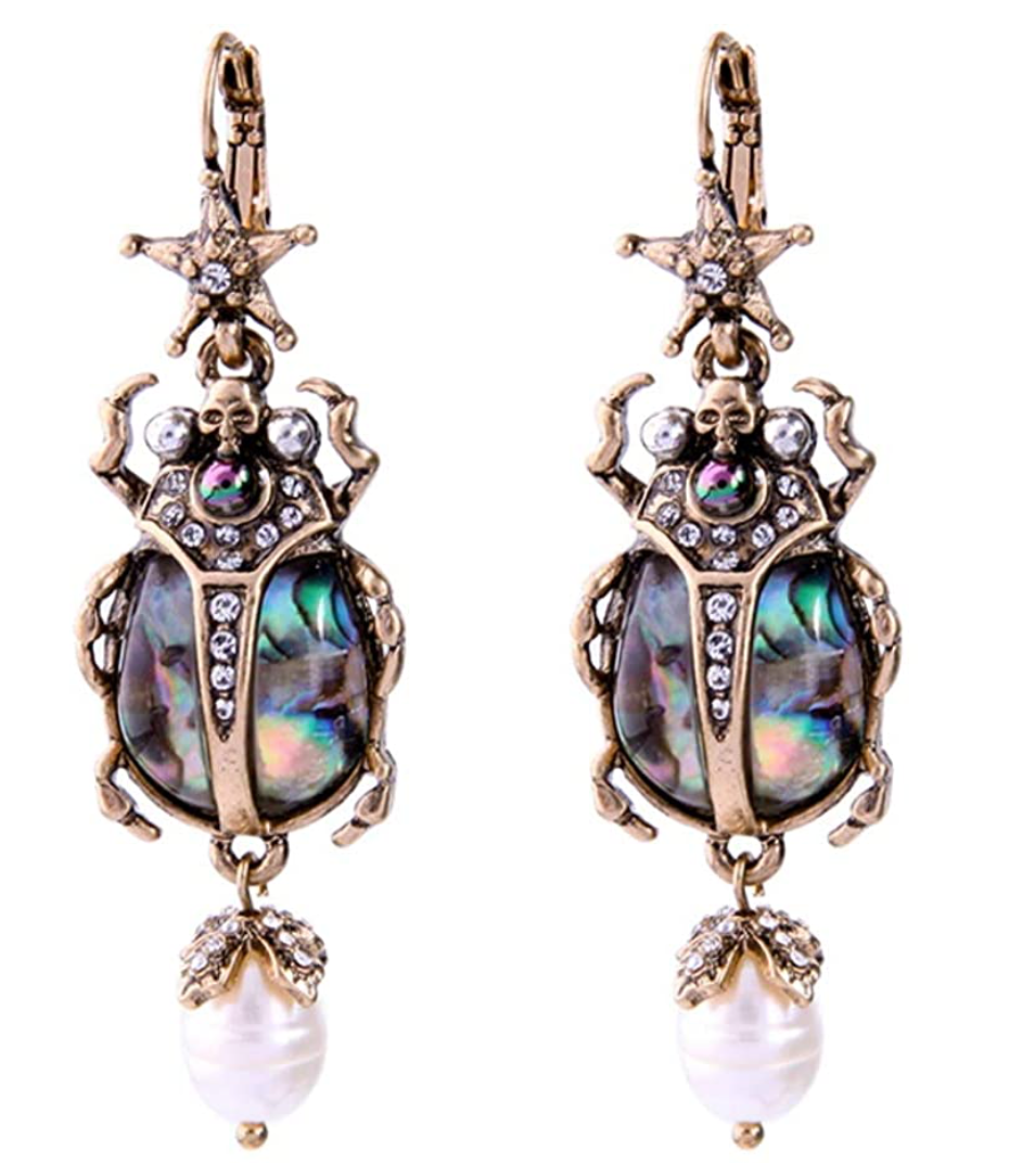 Vintage Beetle Pearl Earrings Abalone Shell Earrings carab Beetle Earrings Antique Jewelry African Egyptian Chain Birthday Gift