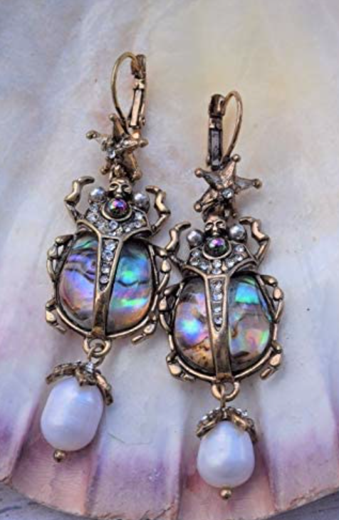 Vintage Beetle Pearl Earrings Abalone Shell Earrings carab Beetle Earrings Antique Jewelry African Egyptian Chain Birthday Gift