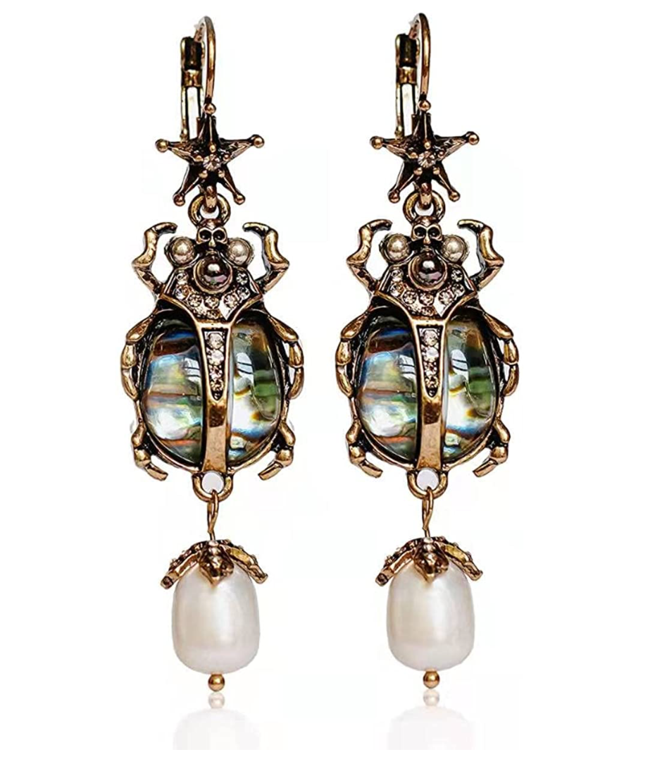 Vintage Beetle Pearl Earrings Abalone Shell Earrings carab Beetle Earrings Antique Jewelry African Egyptian Chain Birthday Gift