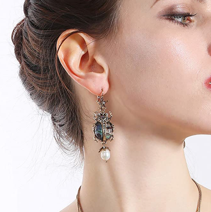 Vintage Beetle Pearl Earrings Abalone Shell Earrings carab Beetle Earrings Antique Jewelry African Egyptian Chain Birthday Gift