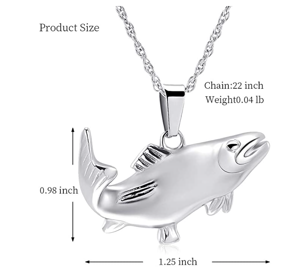 Silver Black Tuna Fish Pendant Urn Ashes Keepsake Memorial Cremation Bass fish Necklace Trout Fish Jewelry Birthday Gift 925 Sterling Silver Chain 22in.