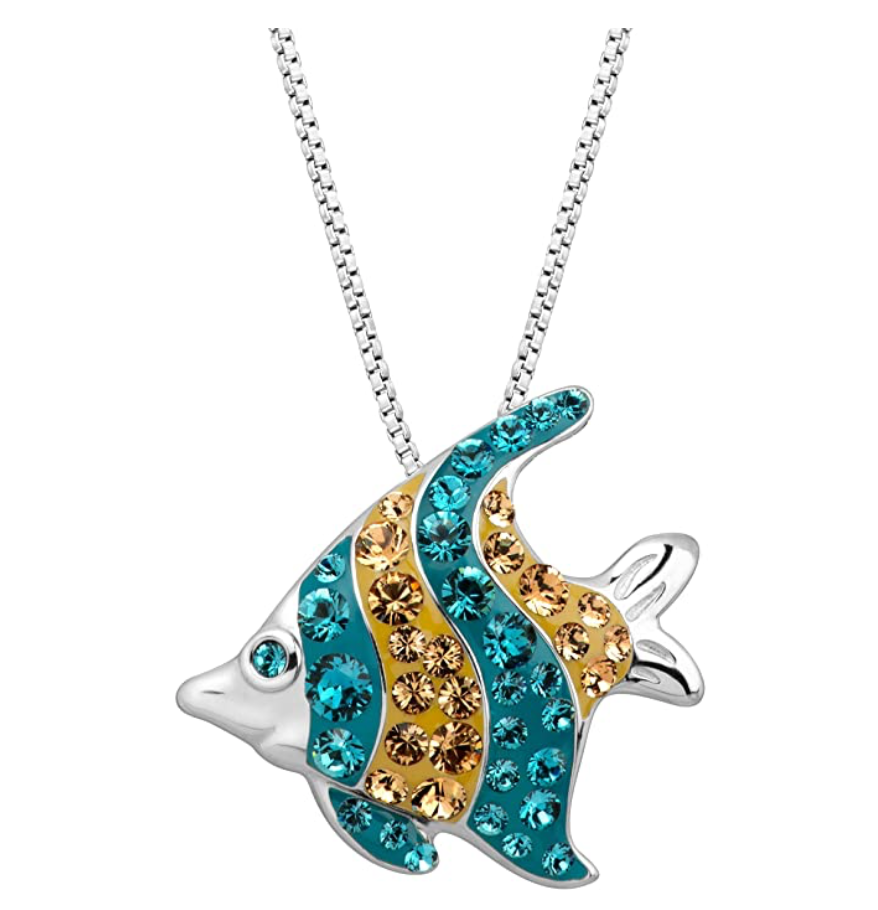 Tropical Fish Diamond Pendant Fish Necklace Blue Gold Fish Jewelry Fisherman Birthday Gift 925 Sterling Silver Chain 18in.