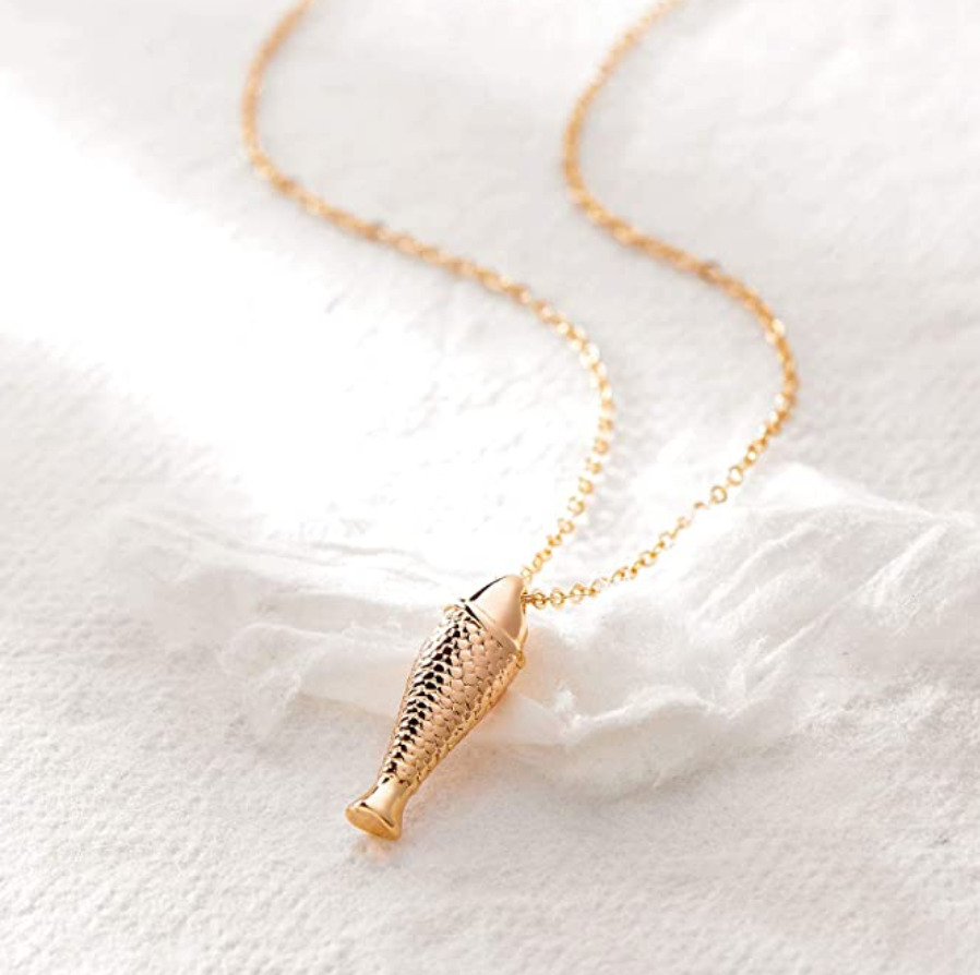 Small Gold Fish Necklace Dainty Fish Pendant Trout Fish Jewelry Fisherman Birthday Gift Chain 20in.