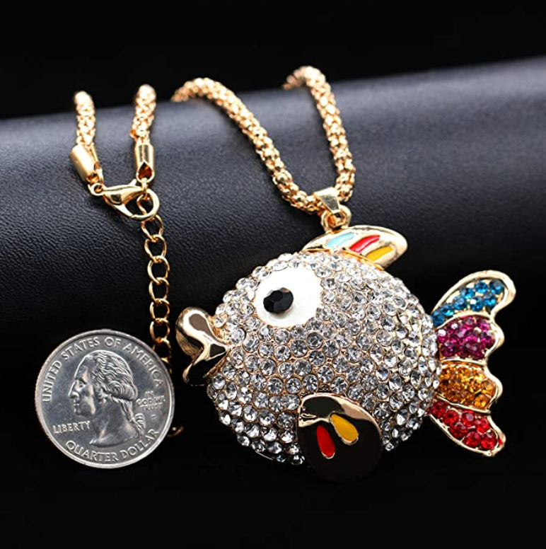 Cute Diamond Fish Necklace Colorful Fish Pendant Rainbow Puff Fish Jewelry Rose Gold Fisherman Birthday Gift Chain 20in.