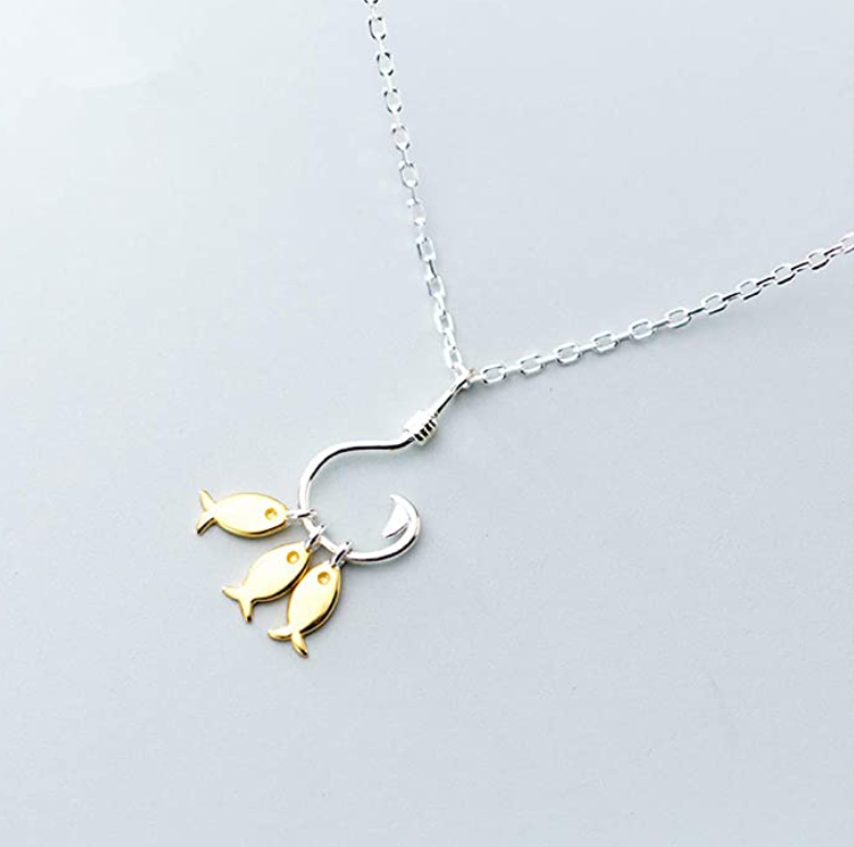Small Fish Necklace Dainty Fish Hook Pendant Gold Fish Jewelry Fisherman Birthday Gift 925 Sterling Silver Chain 20in.