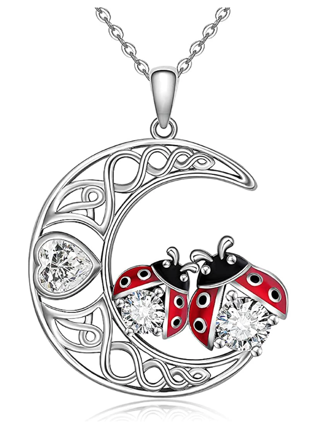 Ladybug Moon Heart Necklace Diamond Pendant Laby Bug Moon Celtic Jewelry Lucky Chain Birthday Gift 925 Sterling Silver 20in.
