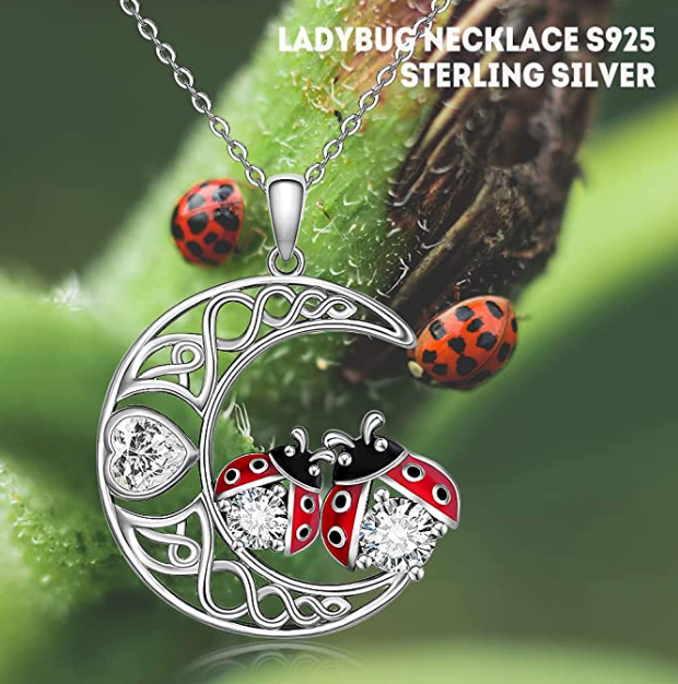 Ladybug Moon Heart Necklace Diamond Pendant Laby Bug Moon Celtic Jewelry Lucky Chain Birthday Gift 925 Sterling Silver 20in.