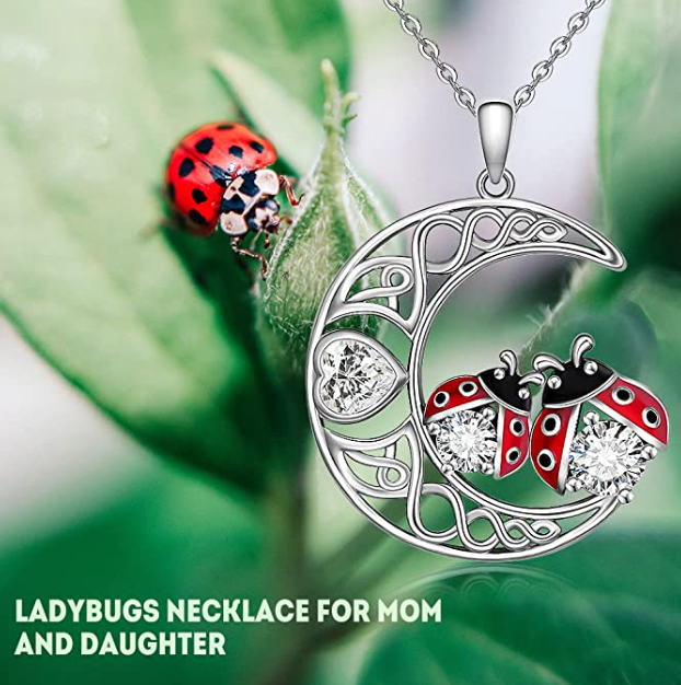 Ladybug Moon Heart Necklace Diamond Pendant Laby Bug Moon Celtic Jewelry Lucky Chain Birthday Gift 925 Sterling Silver 20in.