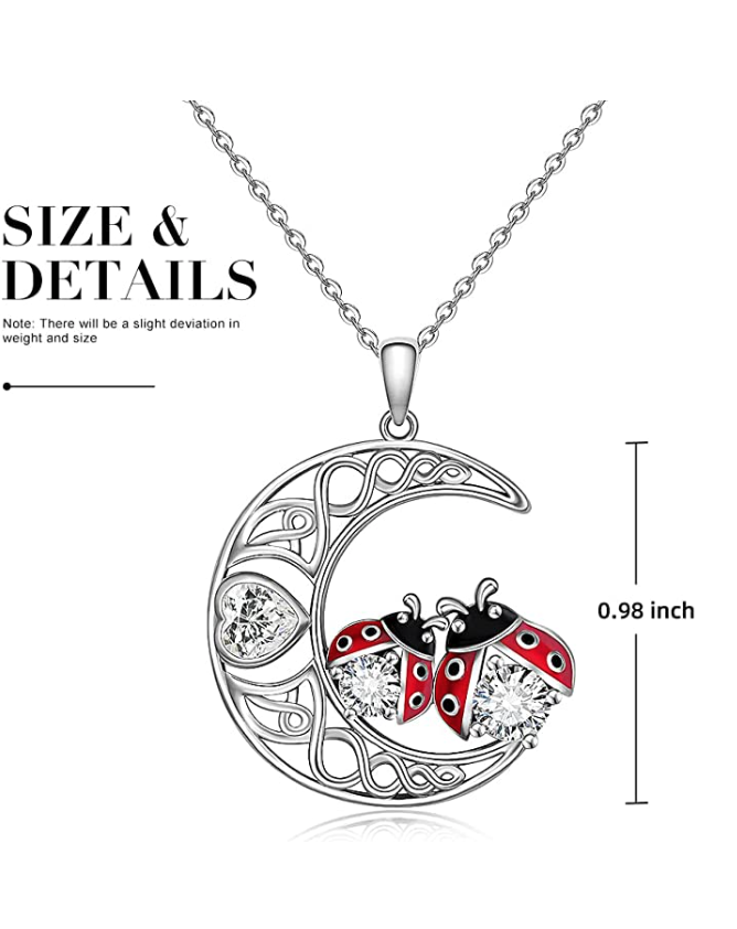 Ladybug Moon Heart Necklace Diamond Pendant Laby Bug Moon Celtic Jewelry Lucky Chain Birthday Gift 925 Sterling Silver 20in.