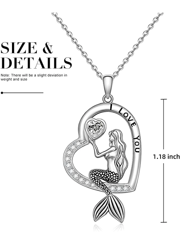 Mermaid Heart Necklace Diamond Pendant Love Mermaid Jewelry Lucky Chain Birthday Gift 925 Sterling Silver 20in.