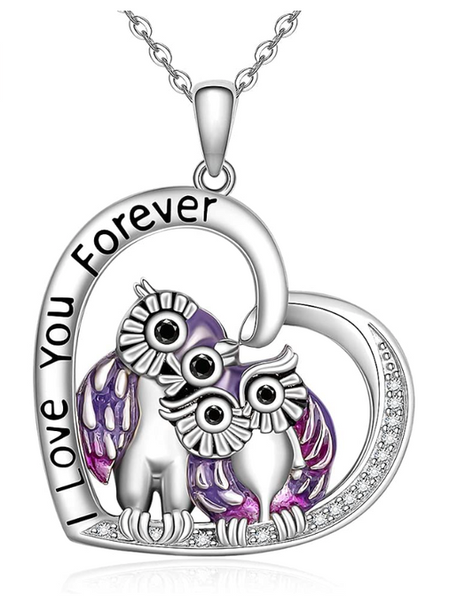 Owl Family Necklace Diamond Heart Pendant Love Owls Jewelry Lucky Chain Birthday Gift 925 Sterling Silver 20in.