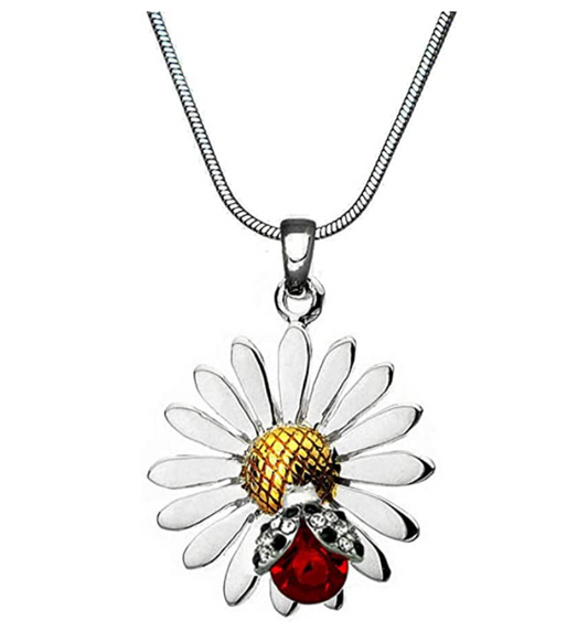 Big Flower Ladybug Diamond Necklace Pendant Ladybug Jewelry Lucky Chain Birthday Gift 925 Sterling Silver 20in.