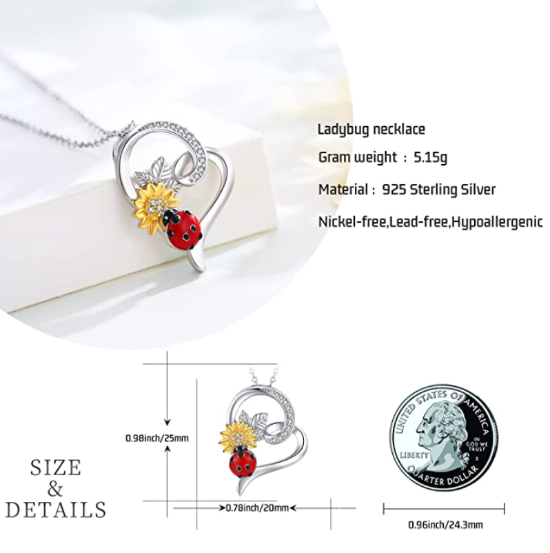 Yellow Flower Ladybug Diamond Heart Necklace Pendant Ladybug Daisy Sun Flower Jewelry Lucky Chain Birthday Gift 925 Sterling Silver 20in.