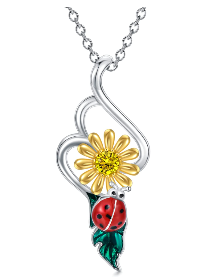 Cute Yellow Flower Ladybug Diamond Heart Necklace Pendant Ladybug Daisy Sun Flower Jewelry Lucky Chain Birthday Gift 925 Sterling Silver 20in.
