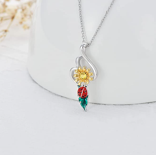 Cute Yellow Flower Ladybug Diamond Heart Necklace Pendant Ladybug Daisy Sun Flower Jewelry Lucky Chain Birthday Gift 925 Sterling Silver 20in.