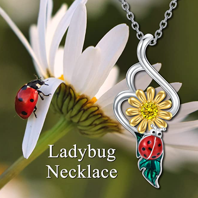 Cute Yellow Flower Ladybug Diamond Heart Necklace Pendant Ladybug Daisy Sun Flower Jewelry Lucky Chain Birthday Gift 925 Sterling Silver 20in.