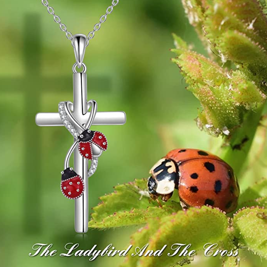 Red Ladybug Cross Pendant Diamond Holy Cross Necklace Lady Bug Jewelry Insect Lucky Bug Chain Birthday Gift 925 Sterling Silver 20in.