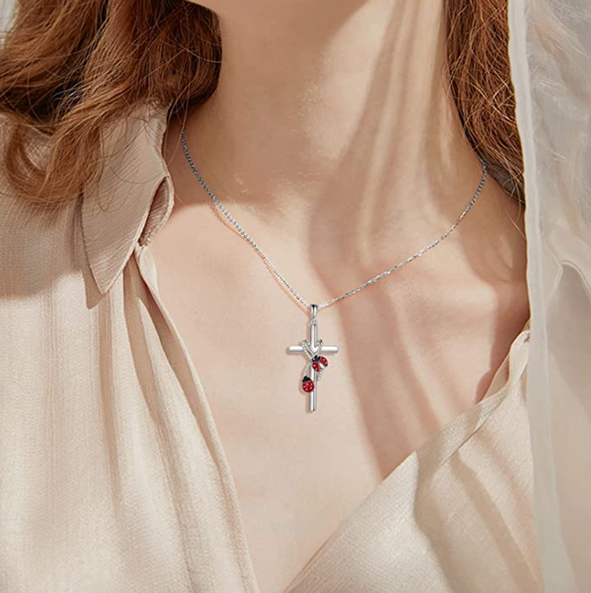 Red Ladybug Cross Pendant Diamond Holy Cross Necklace Lady Bug Jewelry Insect Lucky Bug Chain Birthday Gift 925 Sterling Silver 20in.
