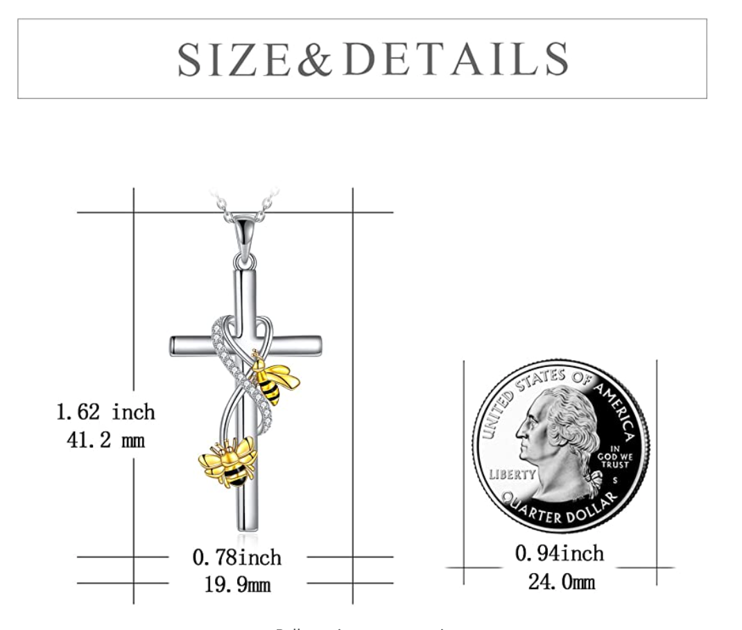 Yellow Bumble Bee Cross Pendant Simulated Diamond Holy Cross Necklace Bumblebee Jewelry Insect Lucky Bug Chain Birthday Gift 925 Sterling Silver 20in.