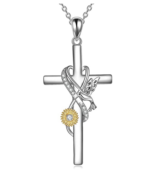 Hummingbird Cross Pendant Simulated Diamond Sunflower Holy Cross Necklace Humming Bird Jewelry Flower Chain Birthday Gift 925 Sterling Silver 20in.