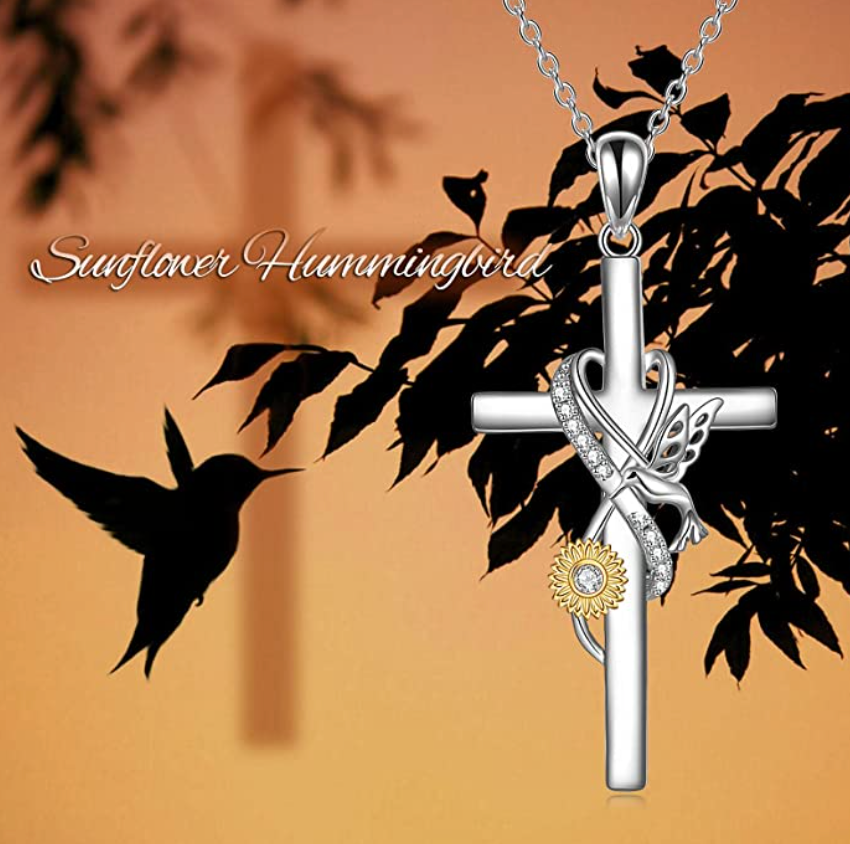 Hummingbird Cross Pendant Simulated Diamond Sunflower Holy Cross Necklace Humming Bird Jewelry Flower Chain Birthday Gift 925 Sterling Silver 20in.