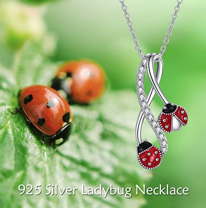 Cute Red Ladybug Pendant Diamond Necklace Lady Bug Jewelry Insect Lucky Bug Chain Birthday Gift 925 Sterling Silver 20in.