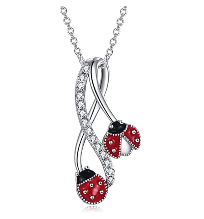 Cute Red Ladybug Pendant Diamond Necklace Lady Bug Jewelry Insect Lucky Bug Chain Birthday Gift 925 Sterling Silver 20in.