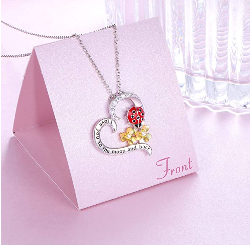 Ladybug Heart Pendant Diamond Necklace Love Lady Bug Jewelry Flower Insect Lucky Bug Chain Birthday Gift 925 Sterling Silver 20in.
