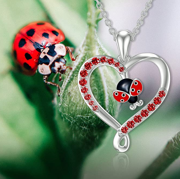 Ladybug Love Heart Necklace Red Diamond Pendant Lady Bug Jewelry Insect Lucky Bug Chain Birthday Gift 925 Sterling Silver 20in.