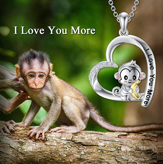Monkey Love Heart Necklace Diamond Pendant Baby Monkey Banana Jewelry Chain Birthday Gift 925 Sterling Silver 20in.
