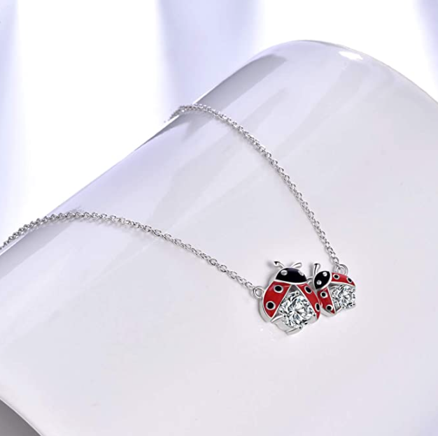 Ladybug Necklace Diamond Pendant Laby Bug Family Jewelry Lucky Chain Birthday Gift 925 Sterling Silver 20in.