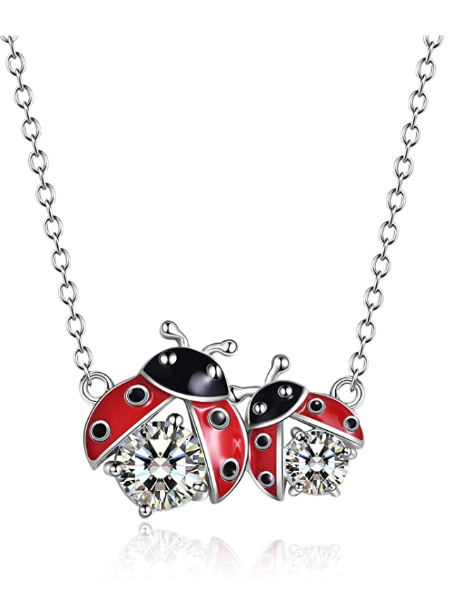 Ladybug Necklace Diamond Pendant Laby Bug Family Jewelry Lucky Chain Birthday Gift 925 Sterling Silver 20in.