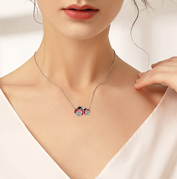 Ladybug Necklace Diamond Pendant Laby Bug Family Jewelry Lucky Chain Birthday Gift 925 Sterling Silver 20in.
