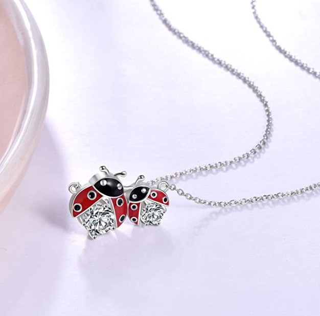 Ladybug Necklace Diamond Pendant Laby Bug Family Jewelry Lucky Chain Birthday Gift 925 Sterling Silver 20in.