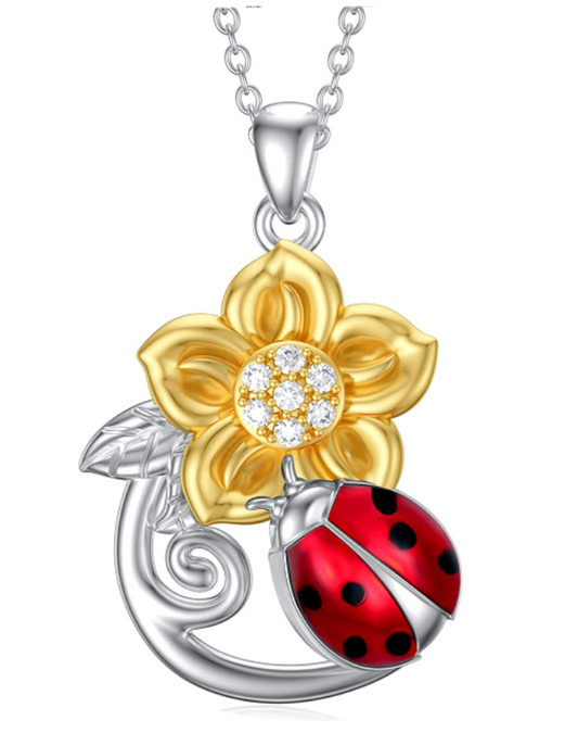 Cute Ladybug Flower Necklace Diamond Pendant Laby Bug Jewelry Lucky Flower Chain Birthday Gift 925 Sterling Silver 20in.