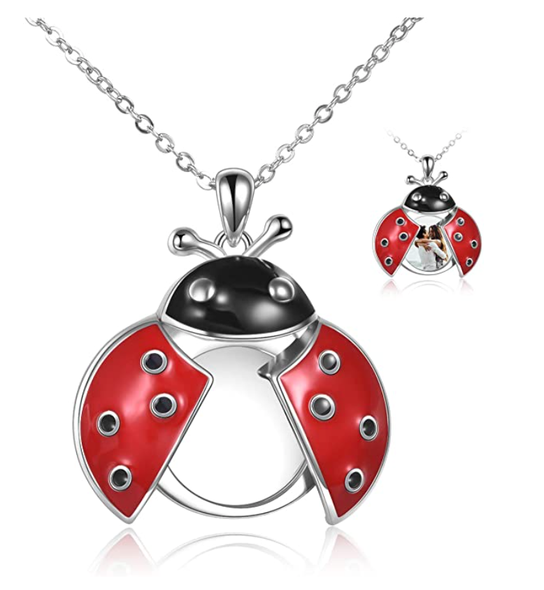 Ladybug Photo Locket Necklace Diamond Pendant Laby Bug Picture Locket Family Jewelry Lucky Chain Birthday Gift 925 Sterling Silver 20in.