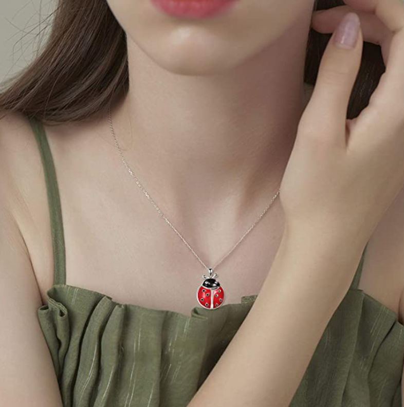 Ladybug Photo Locket Necklace Diamond Pendant Laby Bug Picture Locket Family Jewelry Lucky Chain Birthday Gift 925 Sterling Silver 20in.