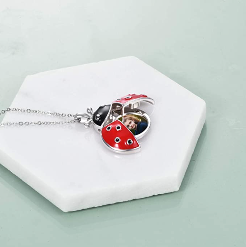 Ladybug Photo Locket Necklace Diamond Pendant Laby Bug Picture Locket Family Jewelry Lucky Chain Birthday Gift 925 Sterling Silver 20in.