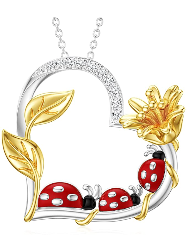 Ladybug Family Necklace Diamond Pendant Laby Bug Daisy Flower Jewelry Lucky Chain Birthday Gift 925 Sterling Silver 20in.