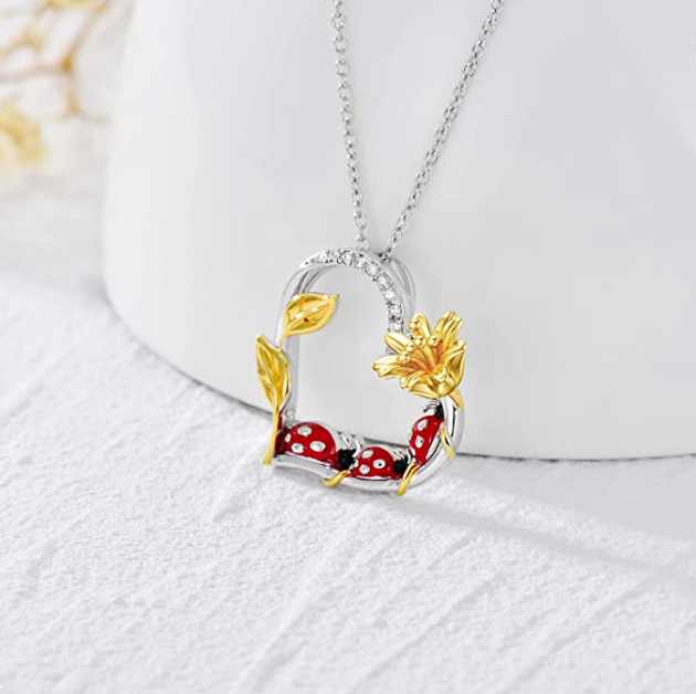 Ladybug Family Necklace Diamond Pendant Laby Bug Daisy Flower Jewelry Lucky Chain Birthday Gift 925 Sterling Silver 20in.