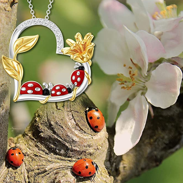 Ladybug Family Necklace Diamond Pendant Laby Bug Daisy Flower Jewelry Lucky Chain Birthday Gift 925 Sterling Silver 20in.