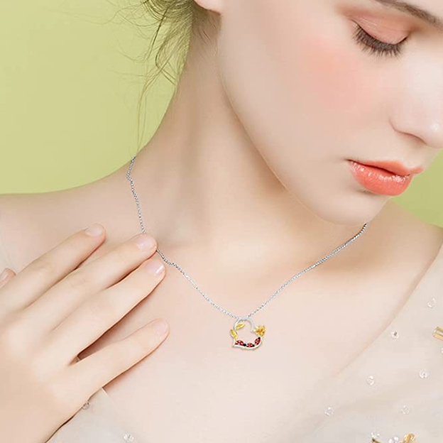 Ladybug Family Necklace Diamond Pendant Laby Bug Daisy Flower Jewelry Lucky Chain Birthday Gift 925 Sterling Silver 20in.